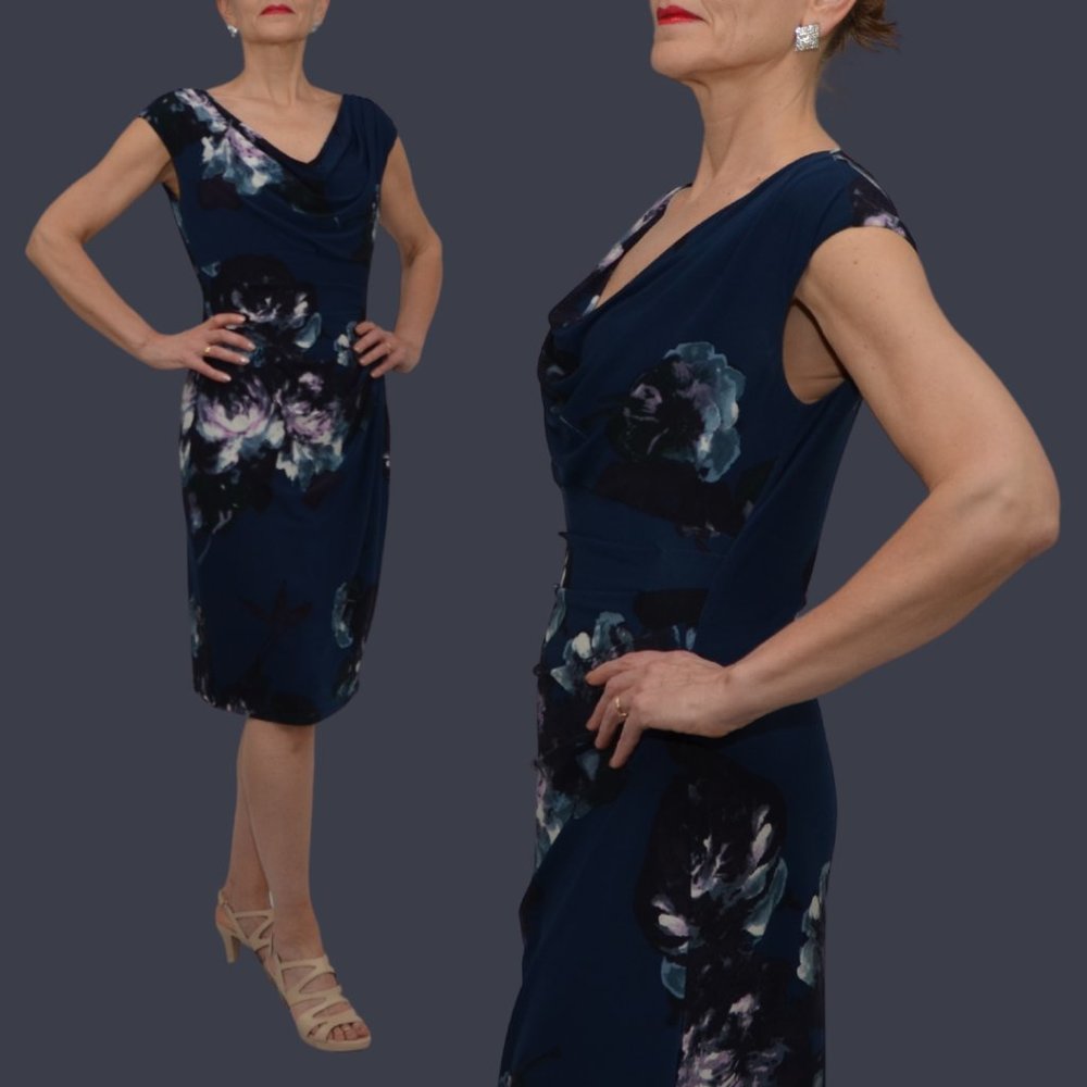 Lauren Ralph Lauren | Cowl Neck Cap Sleeve Sheath Dress | Size 8 | Blue Multi